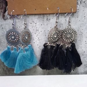 2 pair hanging cotton tassel earrings
